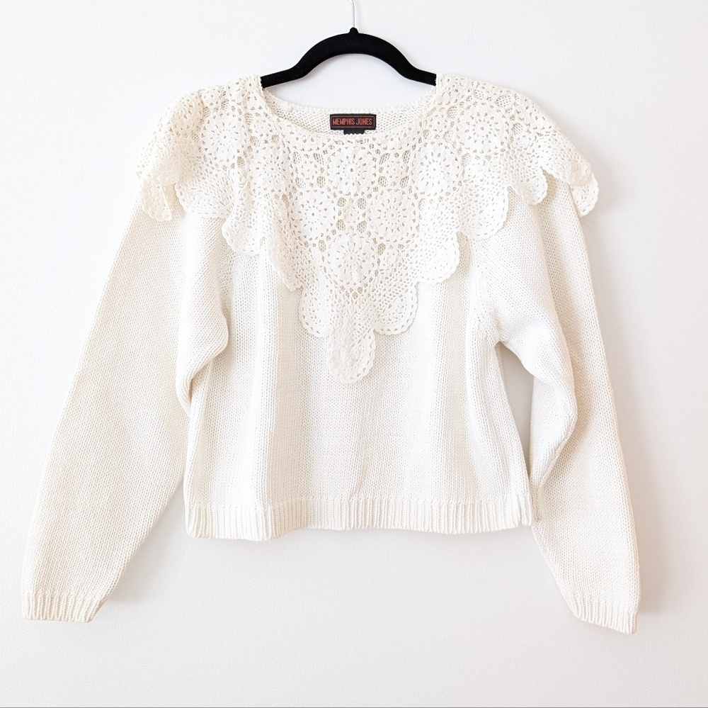 Vintage Cream Crochet Yoke Crewneck Sweater